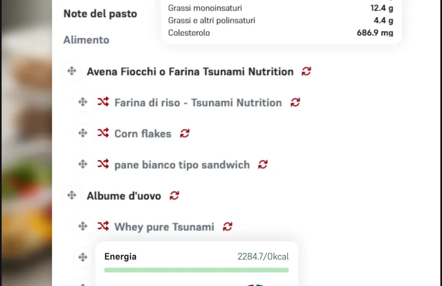 Sezione alimentazione con lista della spesa nell'app CoachPlus